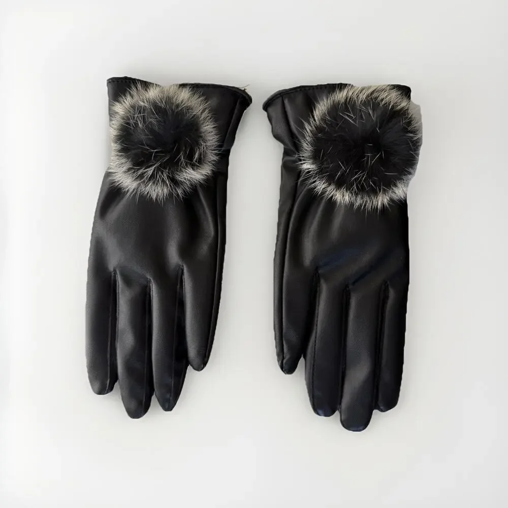 NIB Faux BlackLeather Gloves Faux Fur Pom Detail Mob Wife Aesthetic Women Size M
